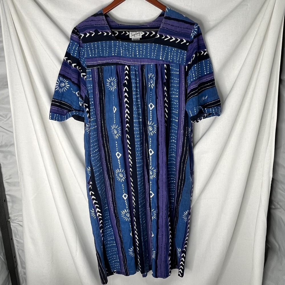 Vintage Styled by Saybury Large Blue White Abstract Midi House Dress Pockets